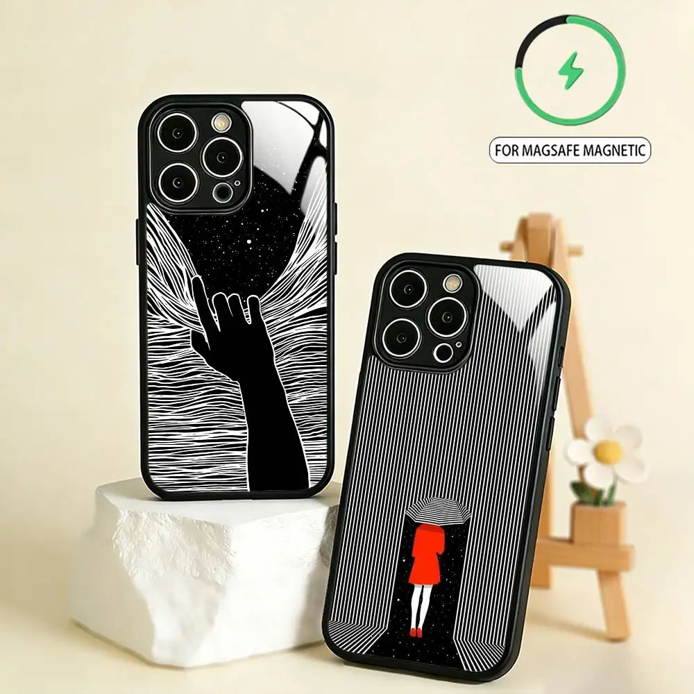 

Op-Optical L-Line Art Phone Case For iPhone17,16,15,14,13,12,11 Plus,Pro Max Magnetic For Magsafe Wireless Charging