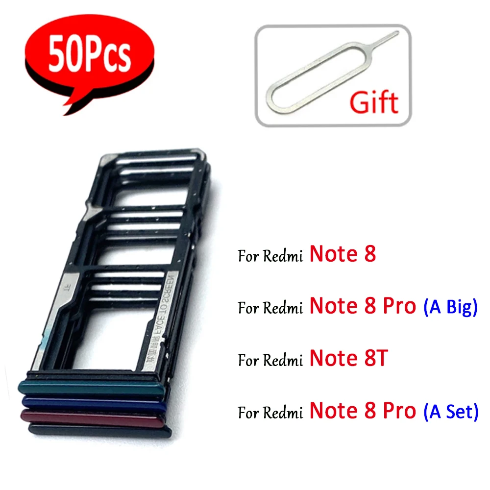 50Pcs，Dual Card For Xiaomi Redmi Note 8 Pro / Note 8T SIM Card Holder Tray Chip Slot Drawer Holder Adapter Socket + Eject Pin