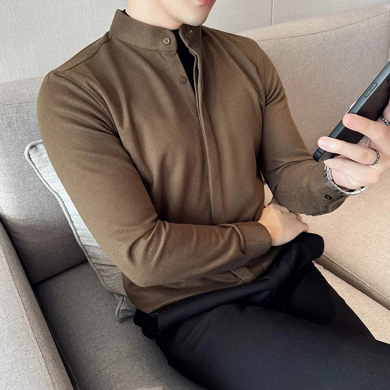 Luxury Autumn and Winter Thickened Woolen Stand Collar Shirts Casual Two-Piece Sweaters in Deep Grey mens shirts