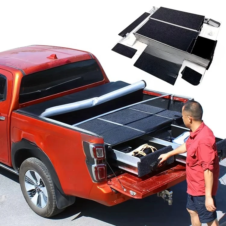 4x4 Pickup Hilux Truck Tool Cargo Storage Box Car Rear System Parts Road SUV Trunk Storage Drawer Black Steel OEM Service 1 Set