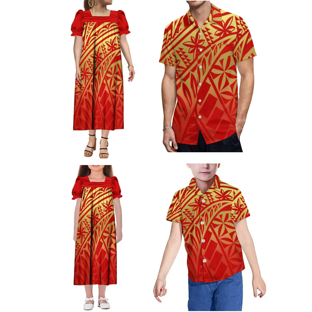 

Summer Family Short-Sleeved Set Custom-Made Polynesian Tribal Traditional Art Printed Mumu Dress And Fashionable Shirt