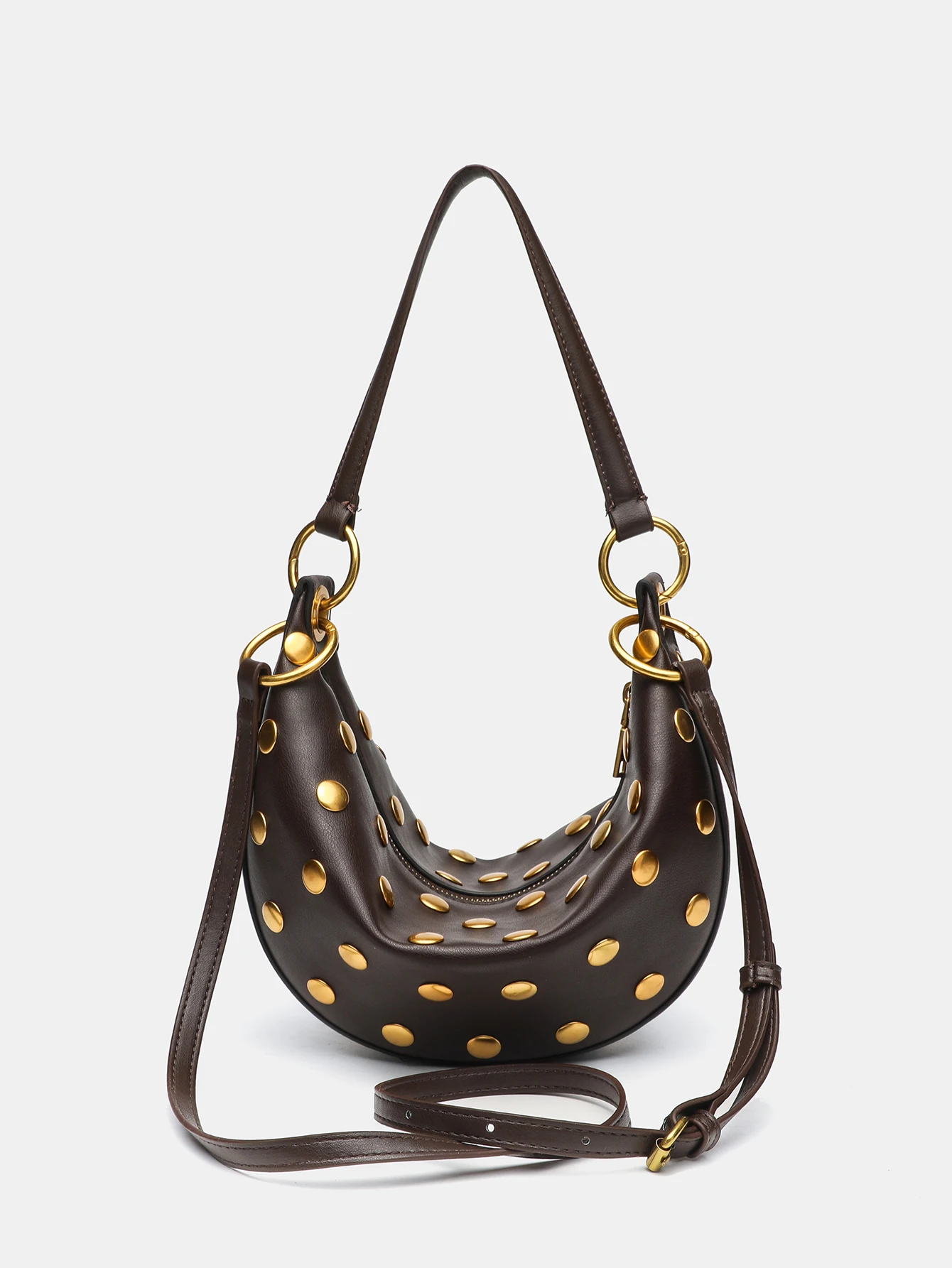

Vintage Gold Studs Decor Crescent Bag, Pu Leather Multi-Way Shoulder Crossbody Handbag, Retro Brown Zipper Underarm Bag For