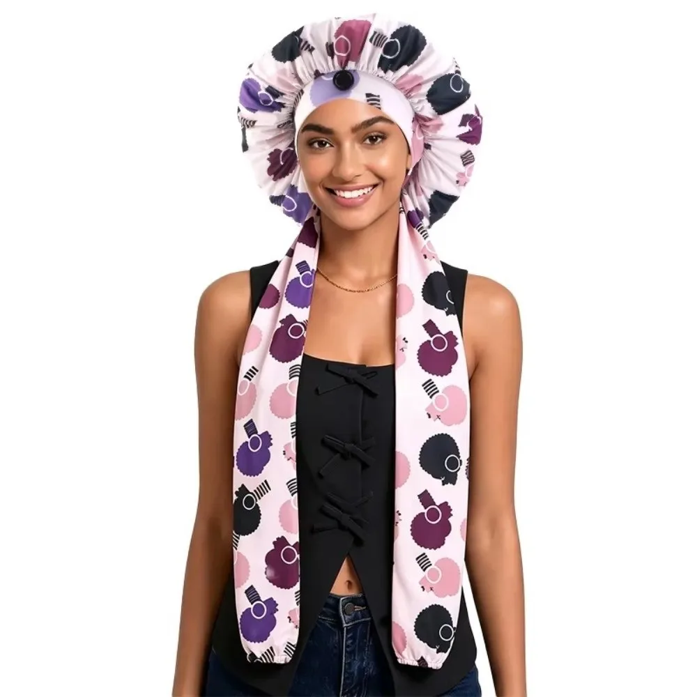 Ice Silk Heatless Curl Bonnet Elastic Band Printed Hair Care Wrap Satin Material Long Tube Design Long Tube Bonnet For Sleeping
