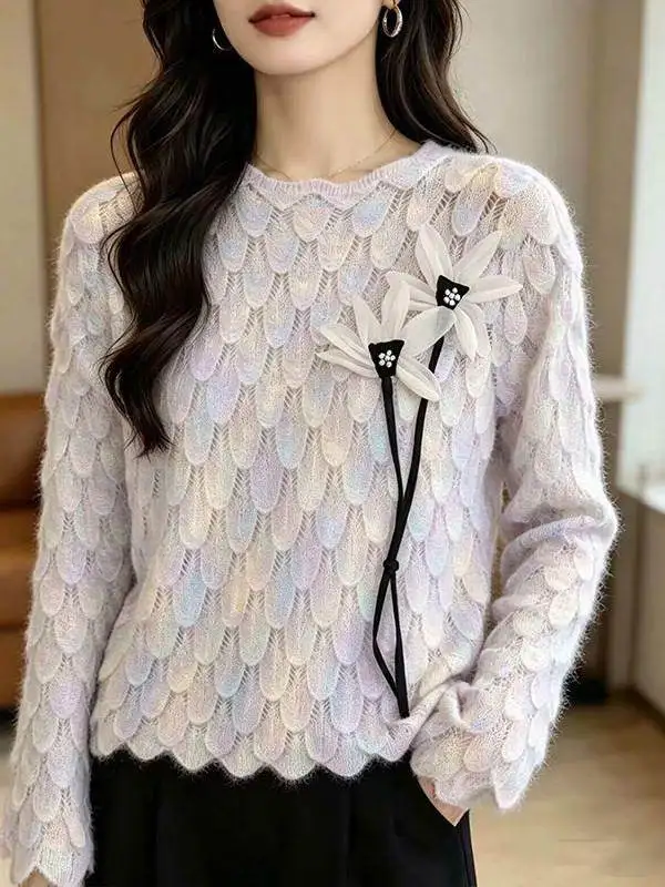 Ladies Gradient Knitted Sweater round Neck Pullover Loose Fashionable Autumn New Style Casual Comfortable Breathable Outerwear