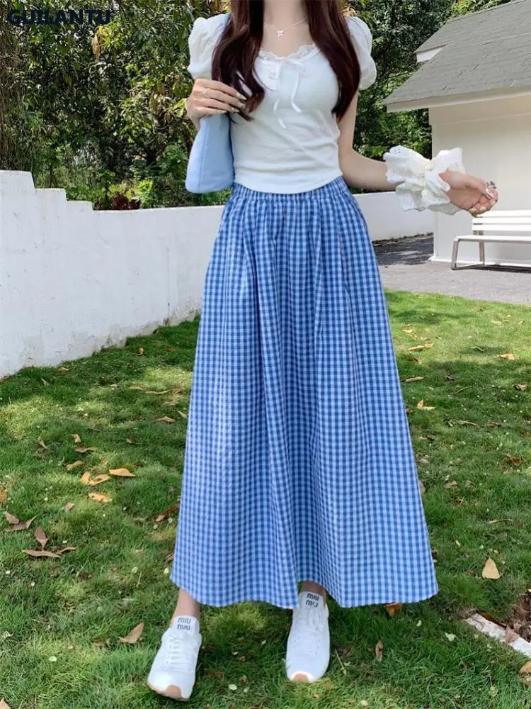 

Korean Style Y2k Vintage Plaid Skirt For Women Clothing High Waist A-line Long Skirt Fashion Summer Elastic Waist Sweet Skirts