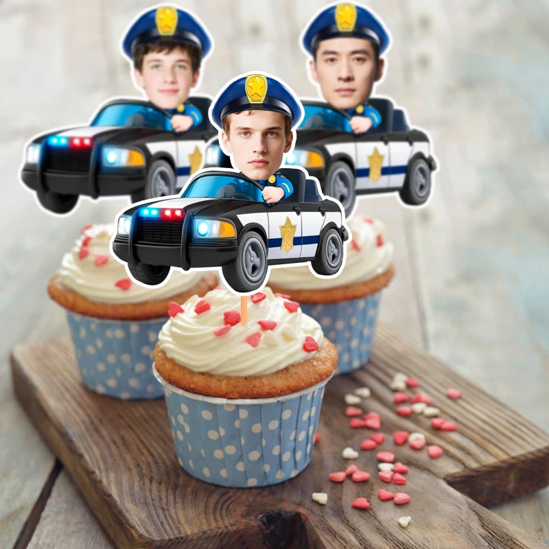 12/24 Stück Personalisierte Porträt-Gesichts-Kuchendekoration im Polizeiauto-Stil für Erwachsene und Kinder Geburtstagsparty Spaßige Cartoon-Gebäck-Topper-Ornamente