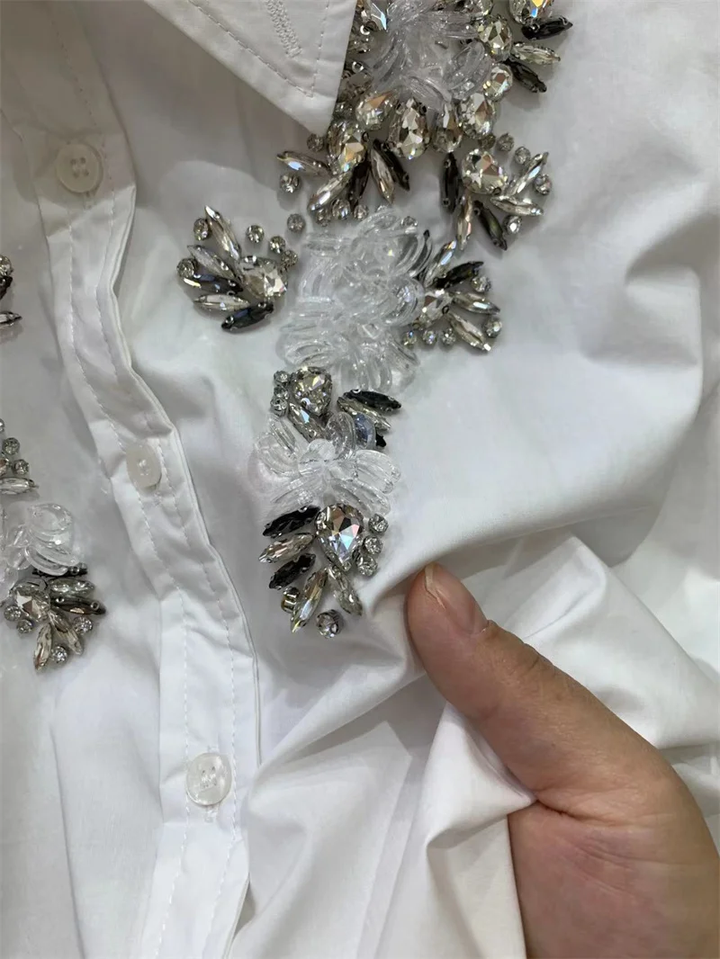 Exquisite Rhinestone koszula damska bluzka Retro Socialite elegancka klapa z długim rękawem biały Blusas Top 2023 wiosna nowy Camisas