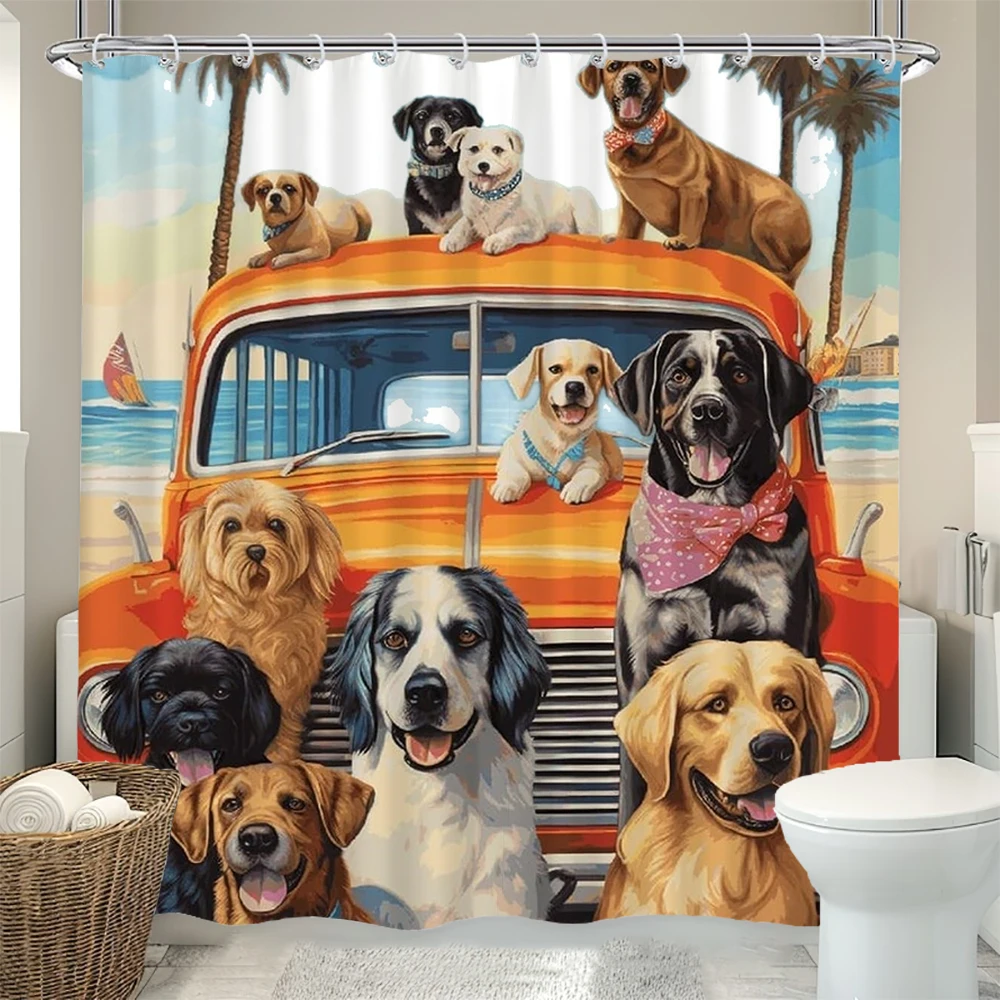 1pc Cute Cartoon Puppy Dog Print Waterproof Shower Privacy Partition Shower Curtain 12 Hooks Multiple Sizes Machine Washable