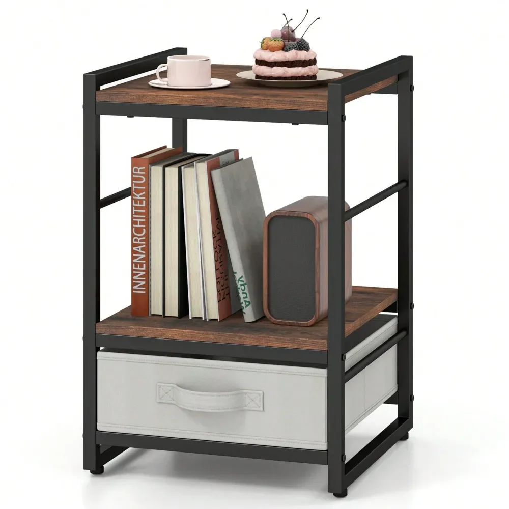 

Industrial Bedside Table W Open Storage Shelf Fabric Drawer