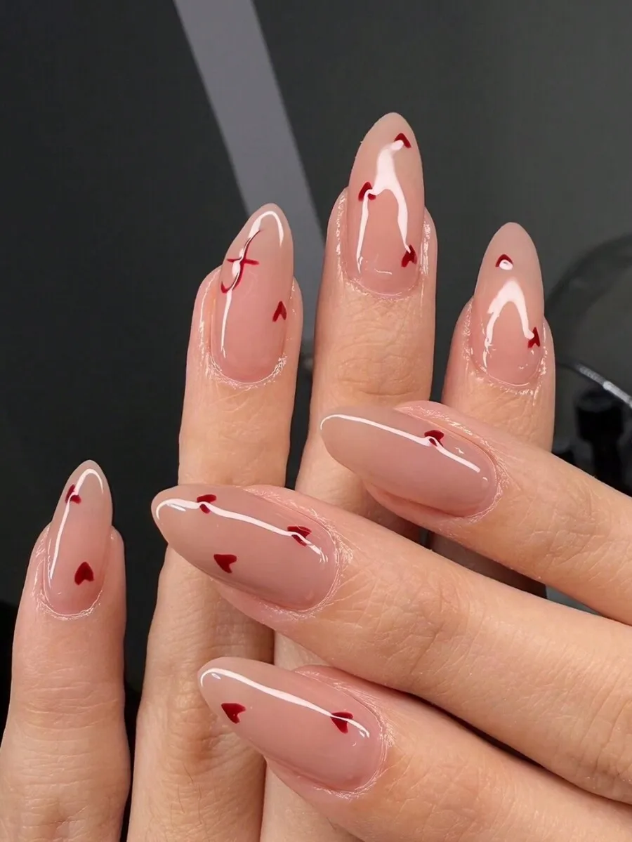 Valentines Nails 24Pcs Long Almond-Shaped Romantic Minimalist Red Heart Press-On Nails + 1 Nail File + 1 Jelly Glue Set Nail Sup