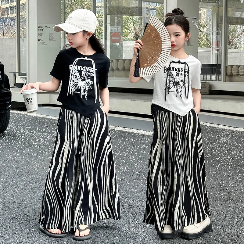 

Youth Fashion Personality Set Summer Girls Bow Print T-shirt Short sleeved Top+Zebra Stripe Loose Wide Leg Long Pants 2pcs Set