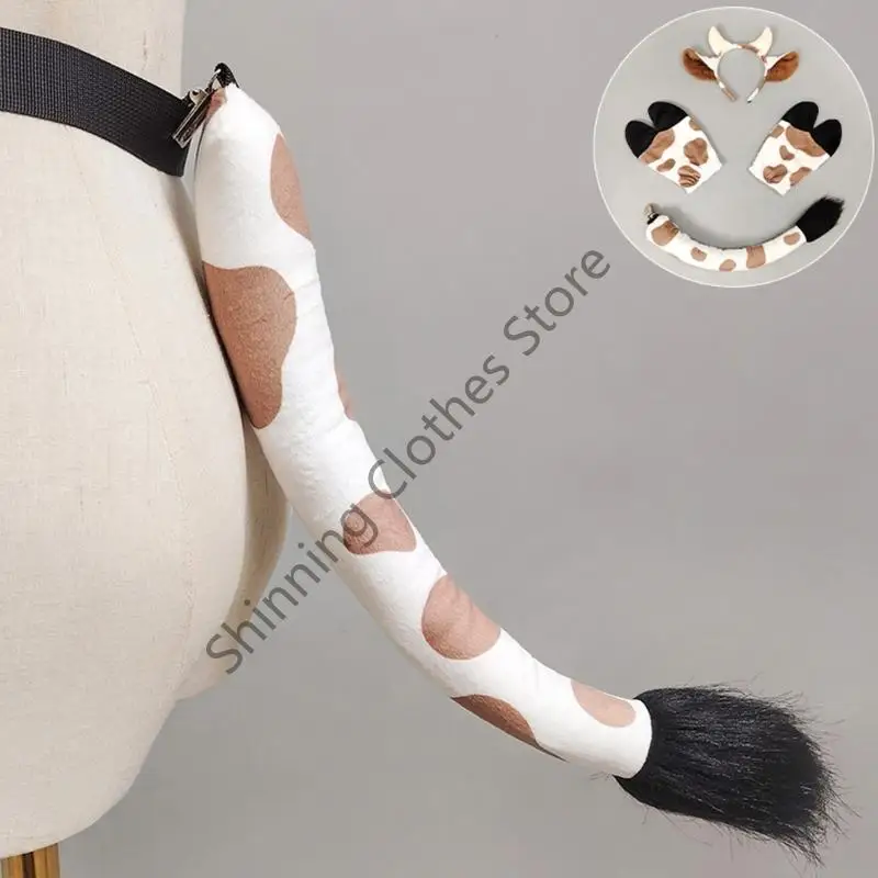 M68A 3 조각 귀여운 암소 의상 세트 암소 귀 머리띠 발 장갑 꼬리 어린이 성인 할로윈 코스프레 파티 의상