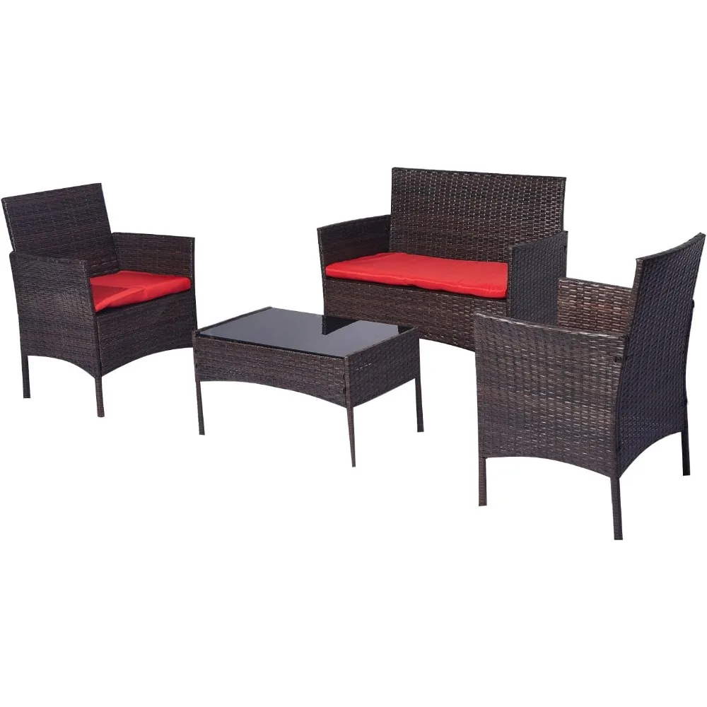 Garden Furniture Sets, 4 Pieces Patio Furniture Set, Patio Bistro Set with Glass Table and Soft Cushions, Garden Furniture Sets