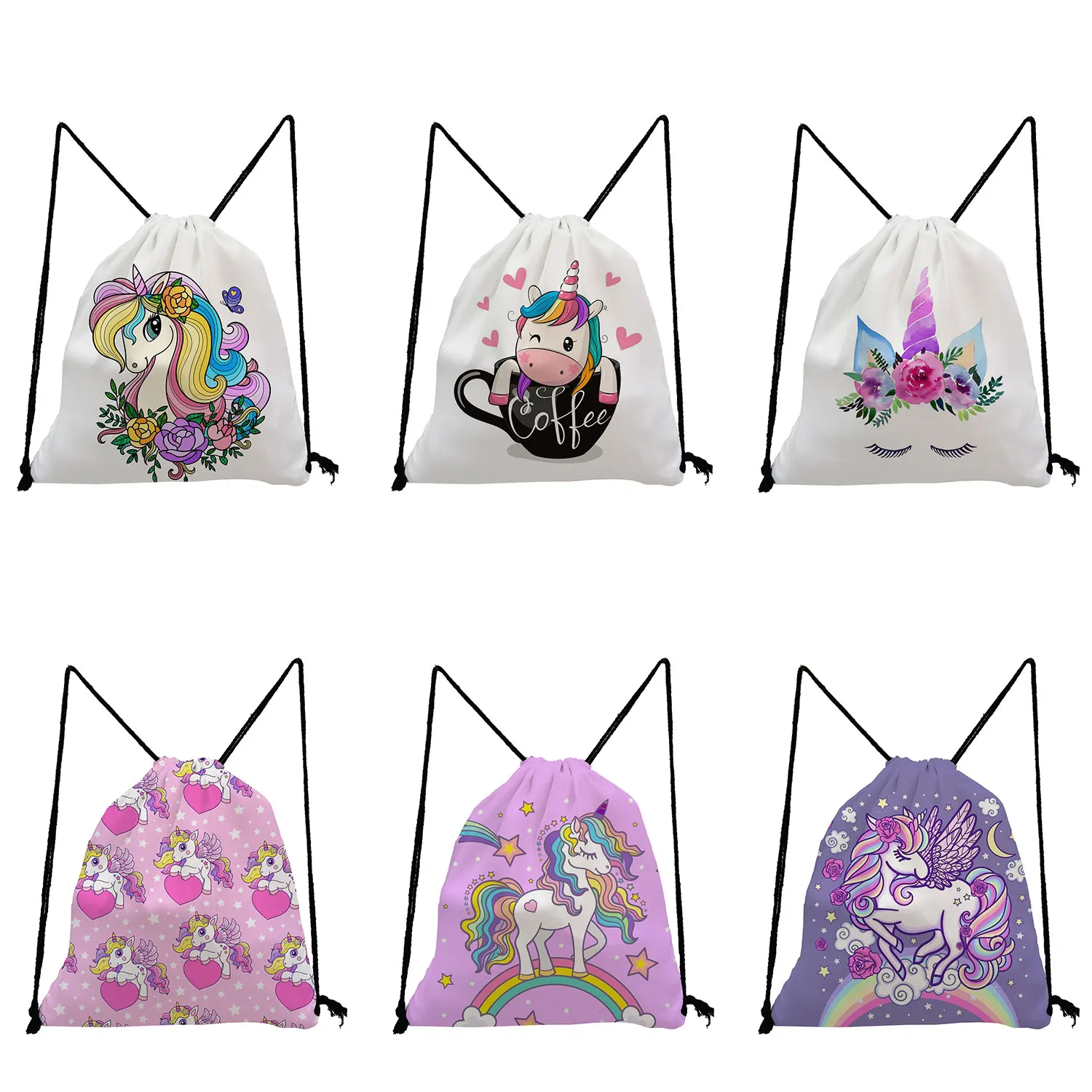 

Colorful Unicorn Drawstring Pocket Portable Kawaii Cartoon Animal Print Backpack Teenager Girls School Shoe Storage Bag Foldable