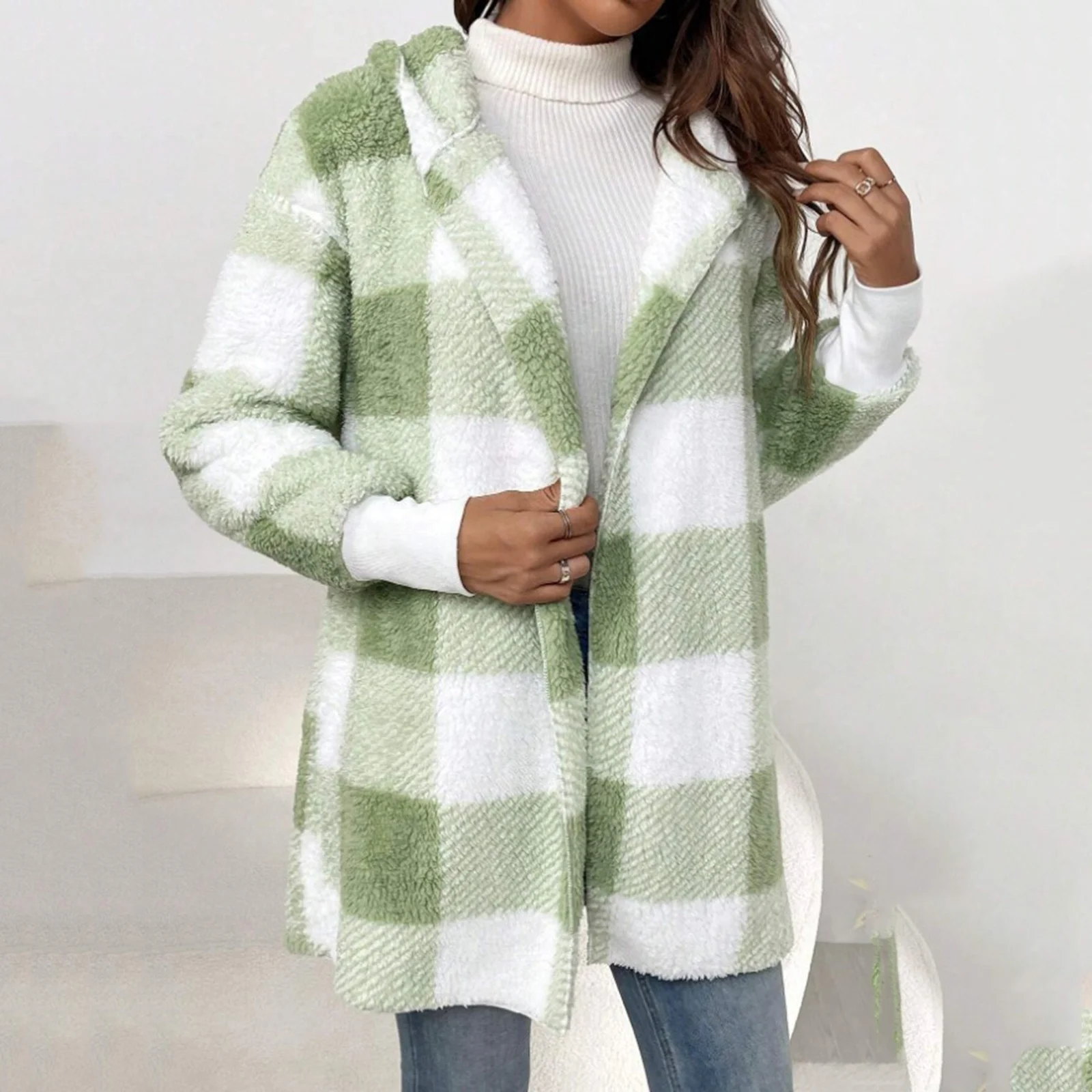 

Autumn Winter New Women Warm Hooded Plaid Mid Length Plush Cardigan Jacket Suitable for Outdoor Casual Daily Wear