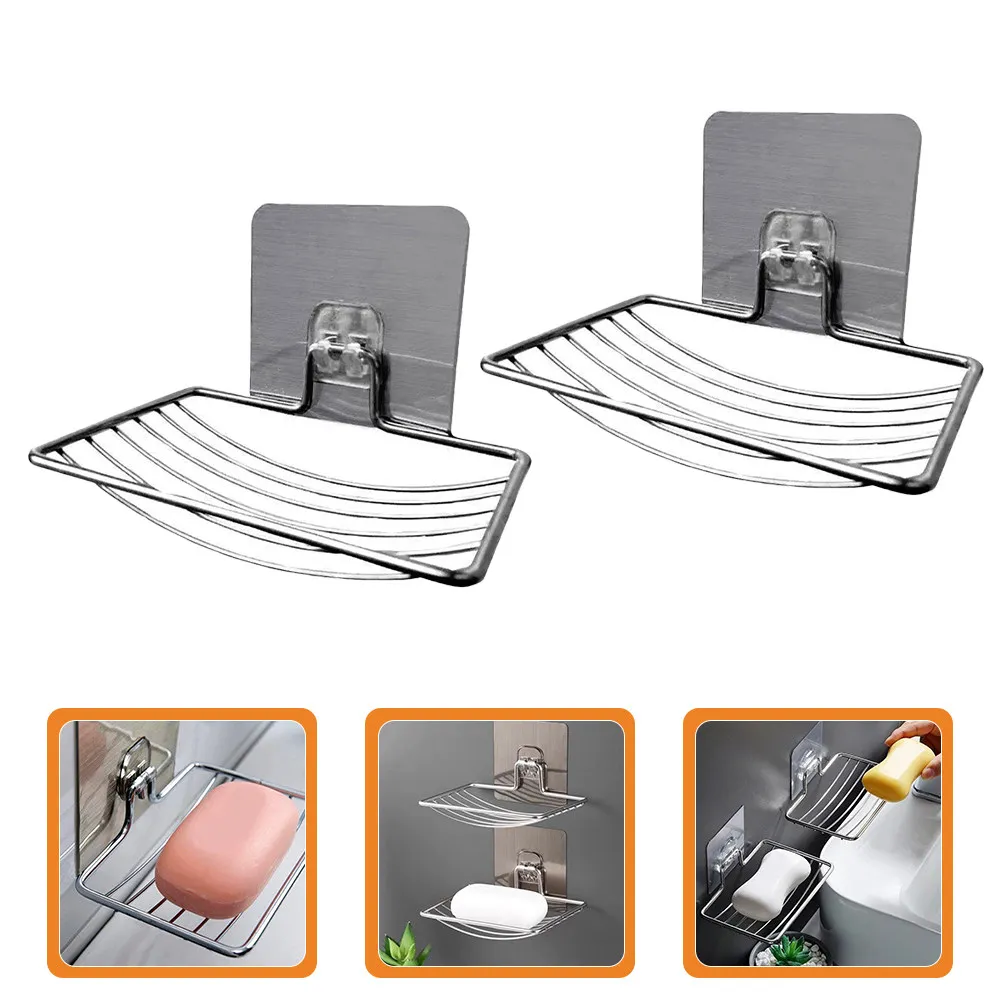 2Pcs Stainless Steel Bar Soap Holder for Shower Wall Mounted Adhesive Tray Draining Rack Bathroom Home Hotel Silver Use