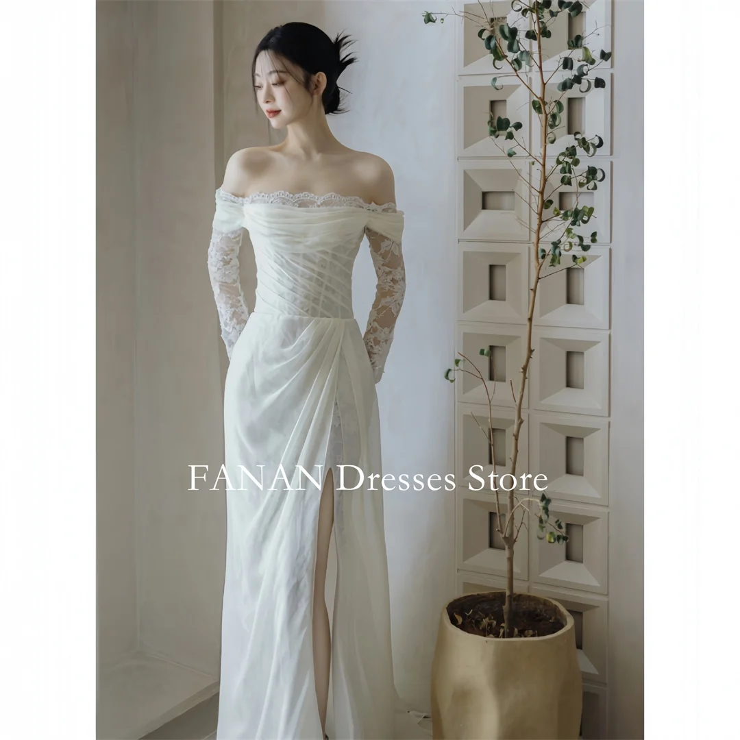 

FANAN Korea Off Shoulder Elegant Wedding Dresses 웨딩드레스 Ivory Lace Zipped Long Sleeves Slit Custom Made Bride Gowns Plus Size