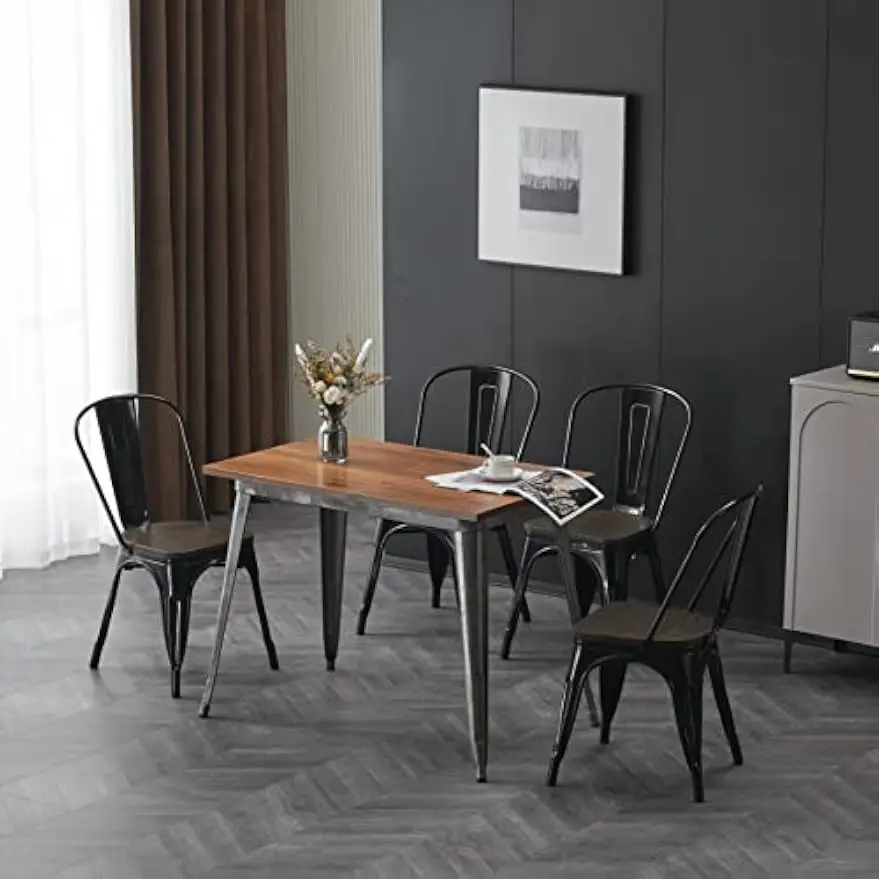 Metal Dining Chair Farmhouse Tolix Style for Kitchen Dining Room Café Restaurant Bistro Patio, 18 Inch, Stackable, Waterproof Indoor/Outdoor (Sets of 4) (Black with Wood Padding)
