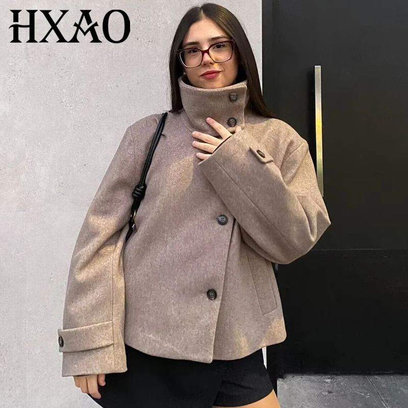HXAO Tweed Crop Jacket Women's Jacket Autumn 2026 Elegant Khaki Black Button Up Long Sleeve High Neck Tops For Woman Warmth Coat