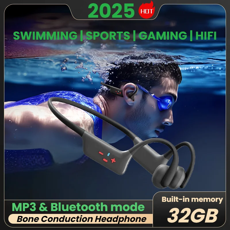 Bone Conduction Headphones Bluetooth 5.4 Wireless Earphone IPX8 Waterproof for Swimming Sports Support MP3 Player With 32G RAM
