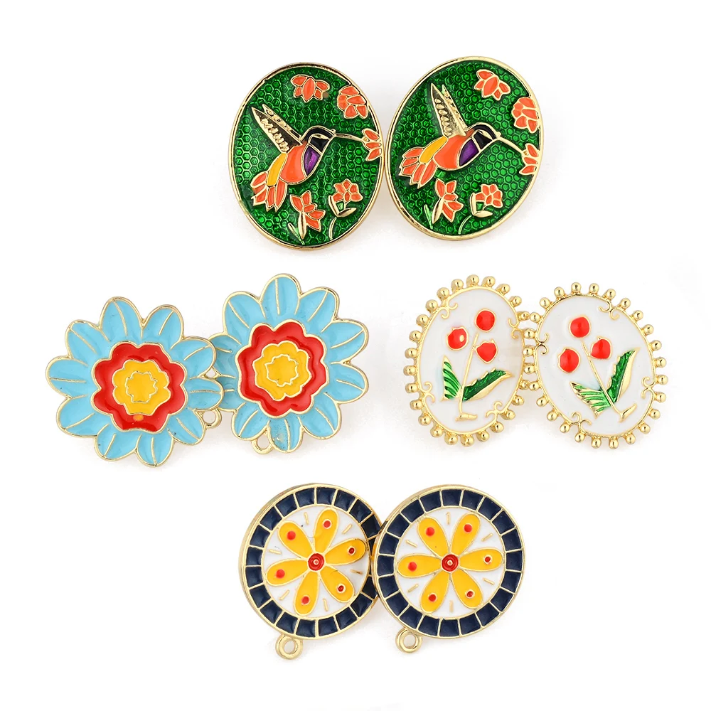 6pcs Flower/Birds Alloy Drop of Oil Pendants Jewelry Accessory Handmade Connector DIY Earring Component Gifts Jewelry for Women