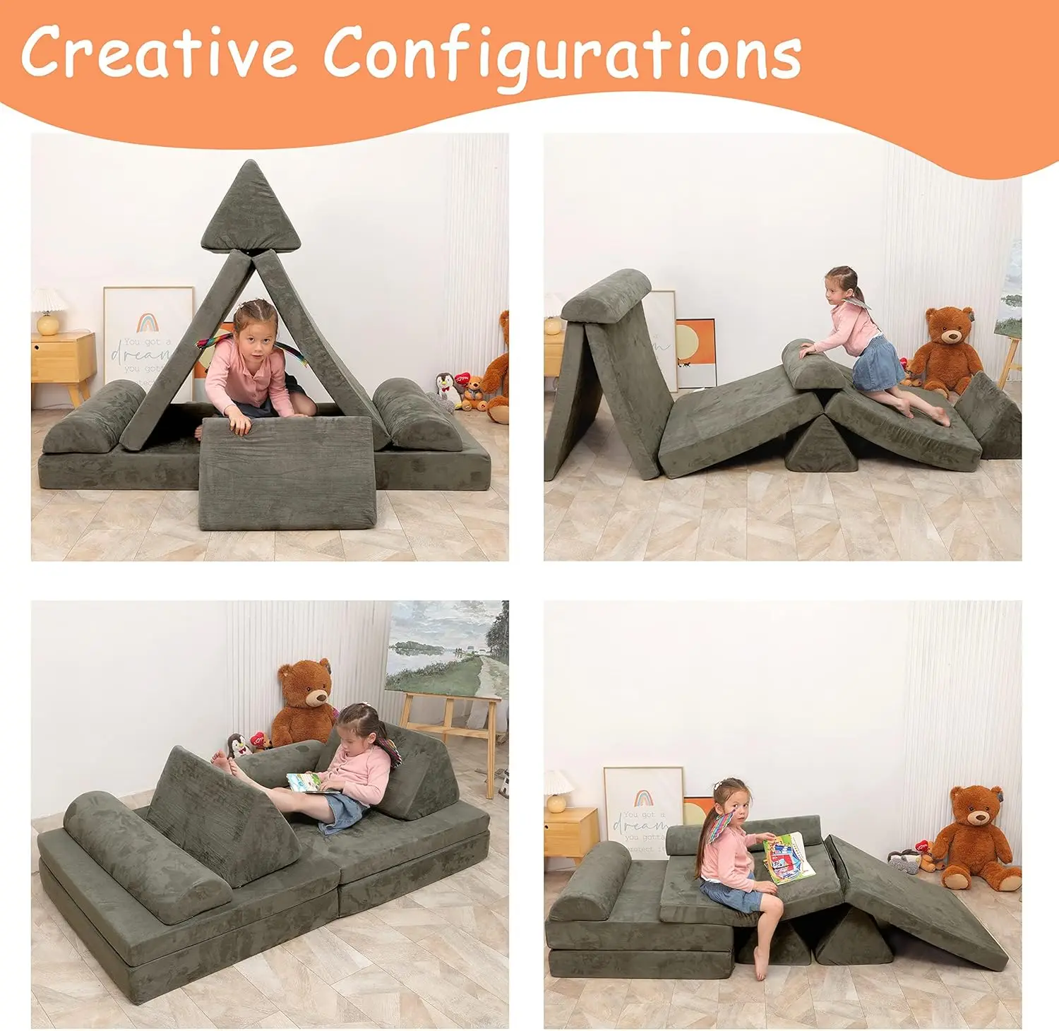 أريكة لعب معيارية كبيرة للأطفال، وسادة فورست إسفنجية، منزل دافئ باللون الرمادي الفحمي