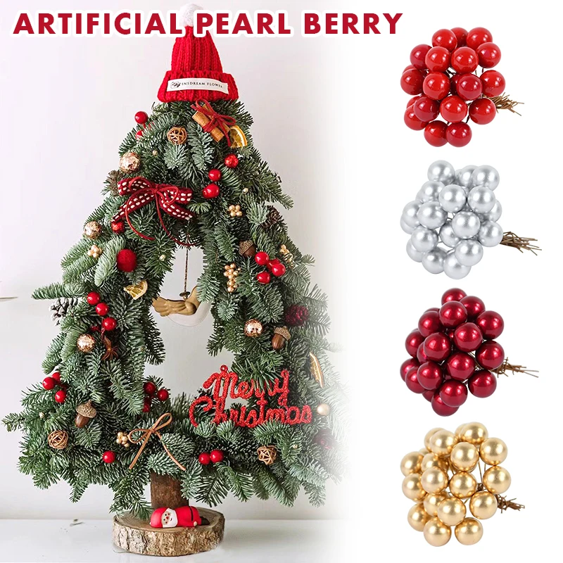 50Pcs Mini Artificial Berry Fruit Stamens Cherry Christmas Plastic Pearl Berries Wedding Party DIY Gift Box Decorated Wreaths