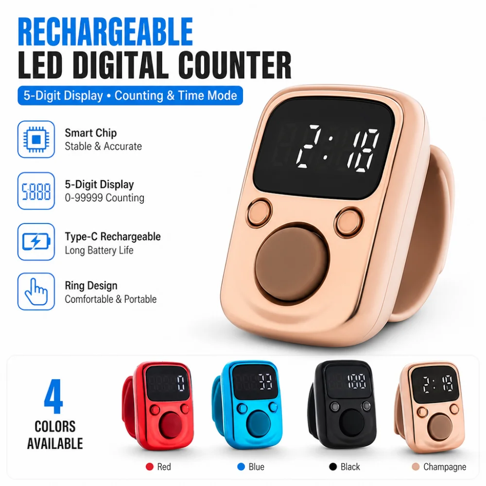 LED Digital Rechargeable Counter, Electronic Ring Counter, 0–99,999 Counting Range, Suitable for Various Counting Applications