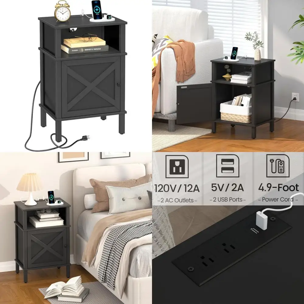 

Charging Station Nightstand, Farmhouse Style, 2-Tier End Table, Storage Cabinet, Sofa Side Tables for Bedrooms & Living Rooms