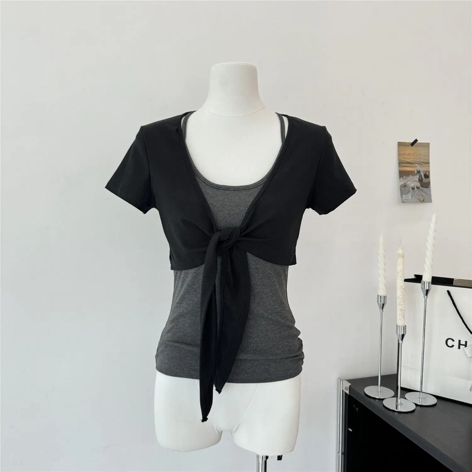 Korean Style Black Belted Short Open Cardigan Women's Summer Slimming Versatile Top Trendy Youthful Modal Fabric Short Sleeve