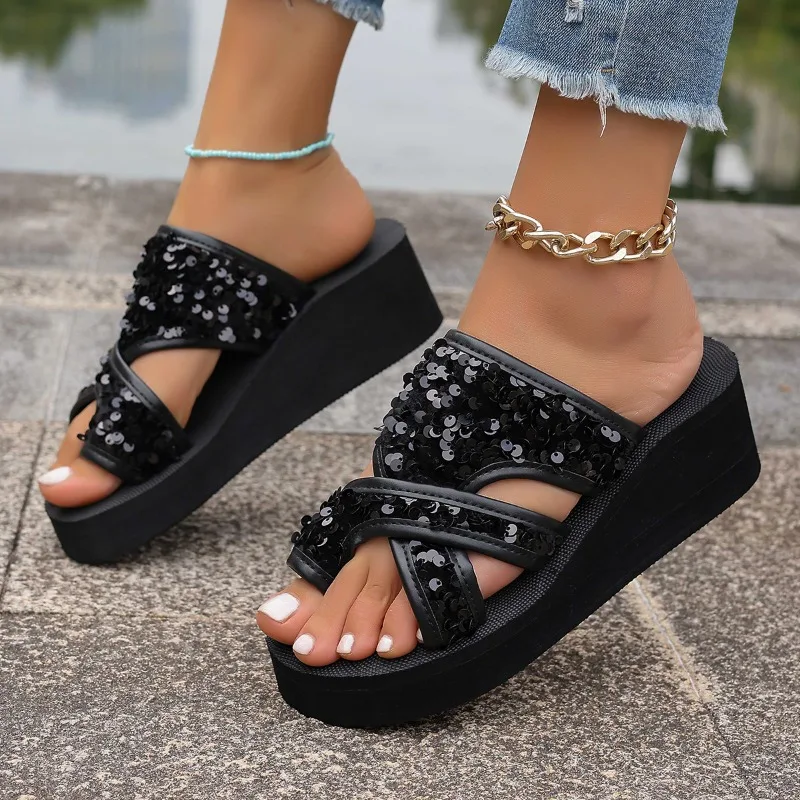 Zapatillas de mujer, moda de verano, decoración de lentejuelas, sandalias de cristal, zapatillas planas con punta abierta, chanclas cómodas informales para mujer