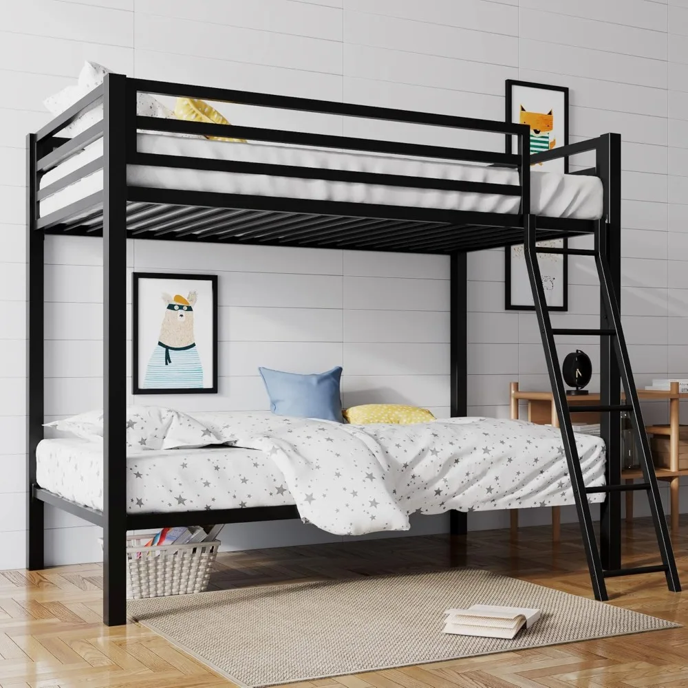 

SHA CERLIN Twin Over Twin Metal Bunk Bed for Juniors, Industrial Twin Bunk Beds Frame with Inclined Stairs & Full-Length