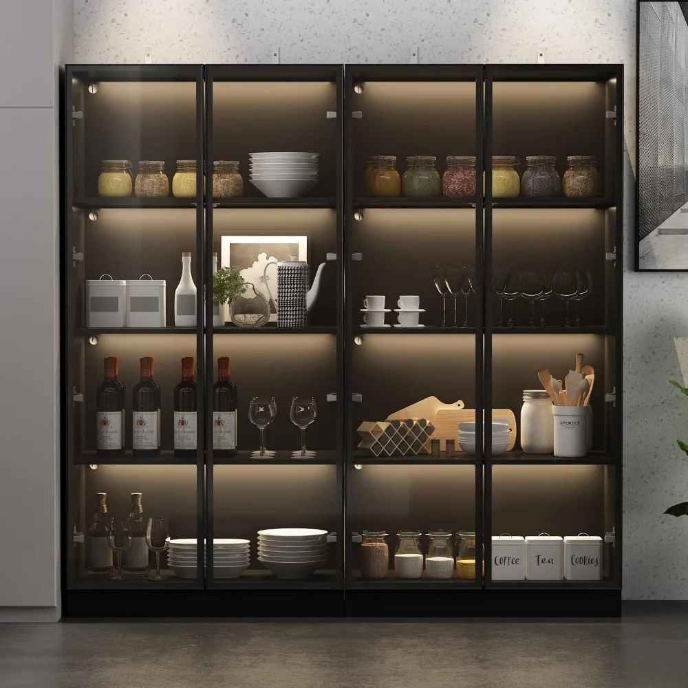 LED-Illuminated 4-Tier Tall Bookcase with Pop-Up Glass Doors, Freestanding Storage Cabinet for Home Display