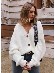 Grey Cardigan Sweater Women Cozy Soft Knit Button Up V-Neck Jumper Basic Knitwear Autumn Winter Outfit