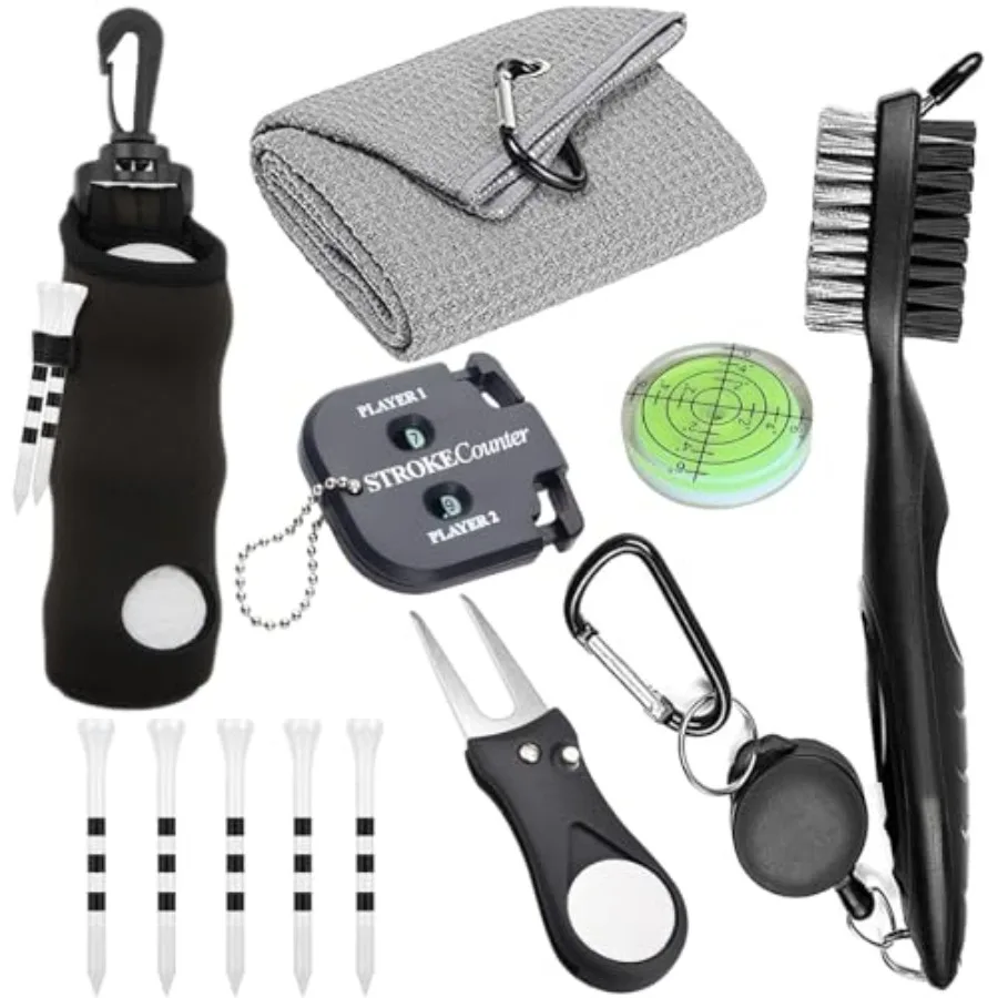 

Набор из 11 аксессуаров для гольфа: сумка для мячей с крючком, ти-стики, полотенце, щетка для чистки, маркер для мячей, инструмент для ремонта газона, счетчик очков