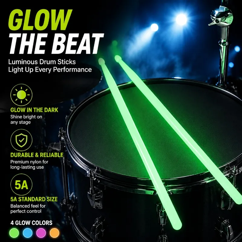 Baquetas luminosas 5A que brilham no escuro, baquetas de nylon para performance em palco, para bateristas de jazz, presente para iniciantes