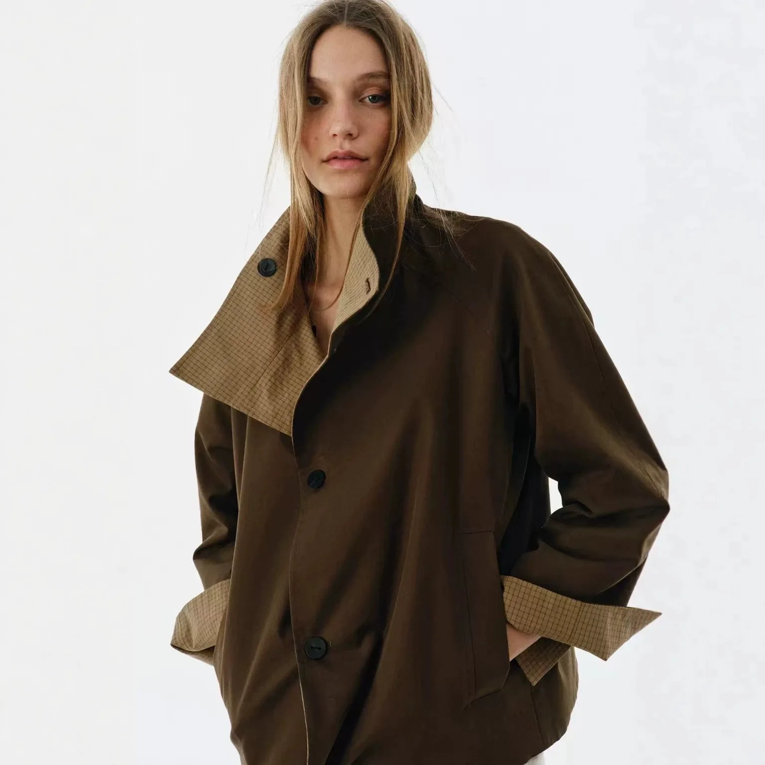 Stand Collar Asymmetric Button Trench Raglan Long Sleeve Side Pockets Lined Plaid Inner Cropped Casual Reversible Coat 260602