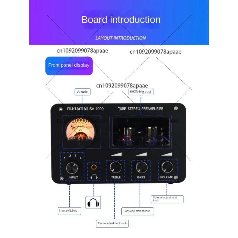 Audiophile Tube Preamp 4-input 2-output HIFI Preamp with Built-in VU Level Meter High-bass Adjustment Headphone Amplifier