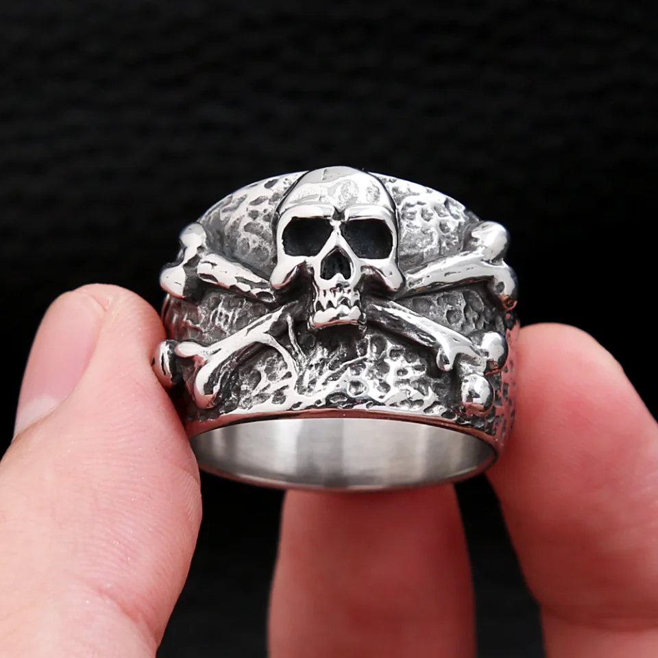 Punk Vintage Stainless Steel Crossbones Pirate Skull Ring For Men Boys Biker Hip Hop High Quality Fashion Jewelry Gift Wholesale
