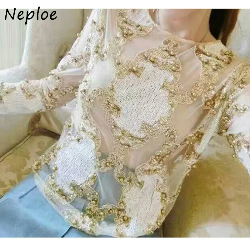 Neploe Heavy Beading Embroidery Ladies Tops Women Sequined Fashion Female Shirt Loose Long Sleeve O-Neck T-shirt Top Blusas