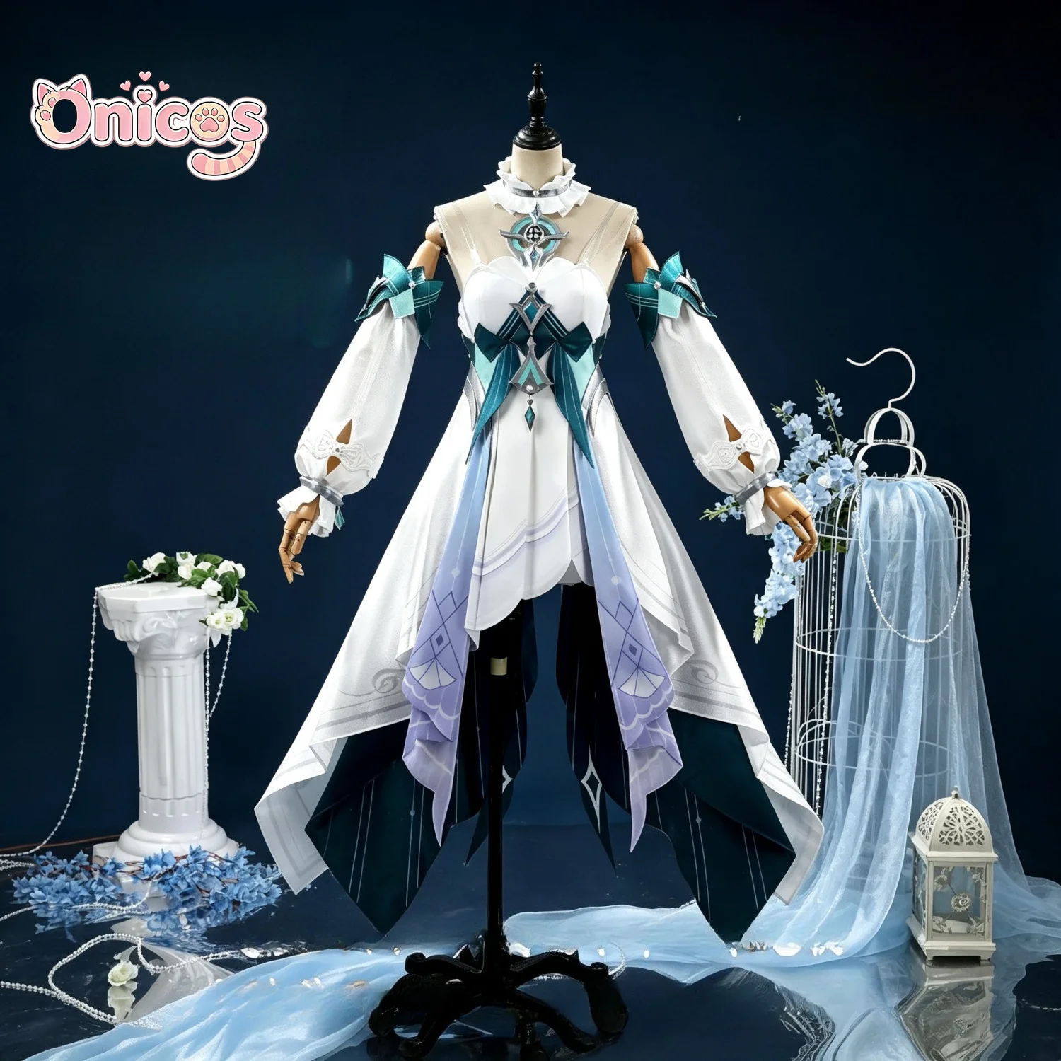 Image of Genshin Impact Snezhnaya Vodyanitsa Neues Cosplay-Kostüm Blaues Kleid Halloween Karneval Party Rollenspiel-Kleidung Onicos