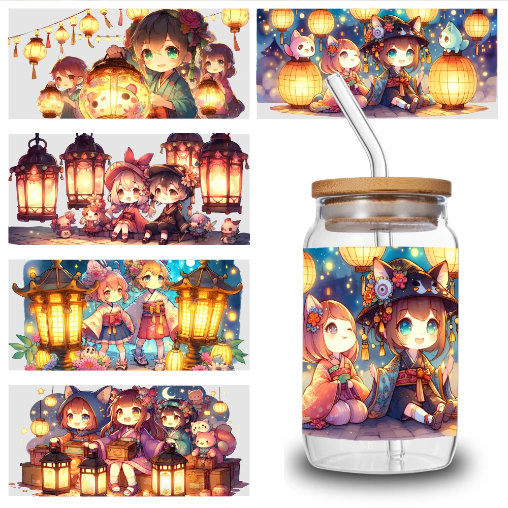 5 Sheets Lanterns Characters Night Festival Cute Anime Style UV DTF Stickers Transfer Sticker Decal Waterproof Rub on Transfers