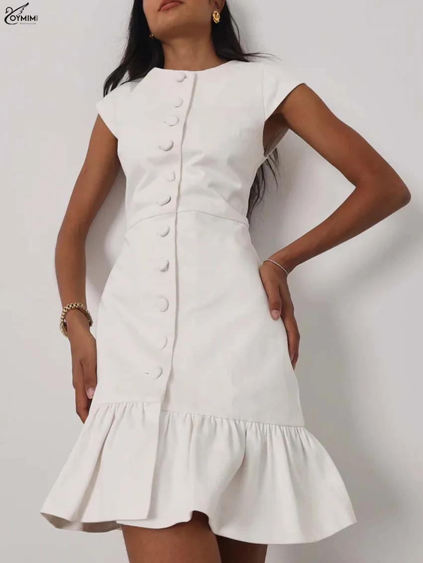 

Oymimi Fashion White O-Neck Womens Dresses Elegant Sleeveless Single Breasted Dresses Autumn New High Waist Pleated Mini Dress