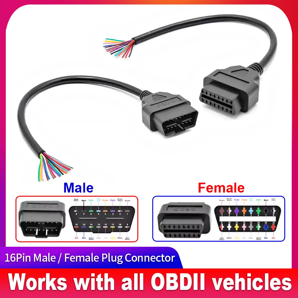 OBDII 16Pin Male Female Connector Plug Female Extension Cable Diagnostic Tools Interface Scanner OBD2 Connector DIY Cables 30cm