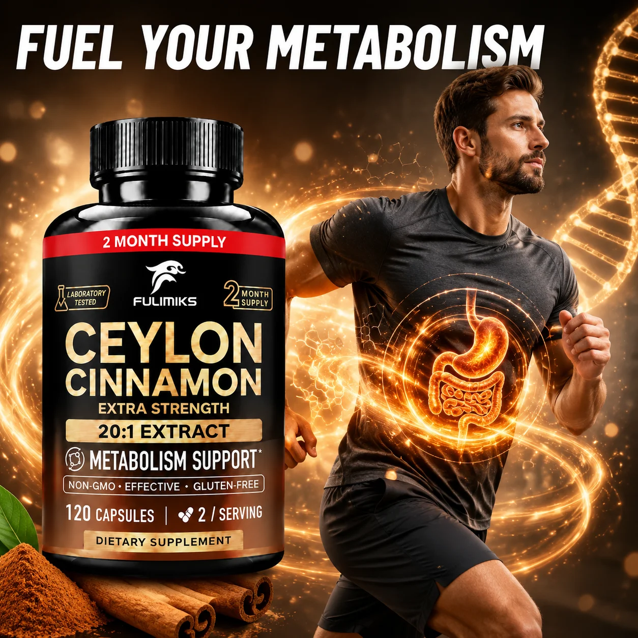 Ceylon Cinnamon Capsules, Energy Heart & Metabolism Support, Pure Natural Cinnamon Supplement for Men & Women, GMO & Gluten-Free