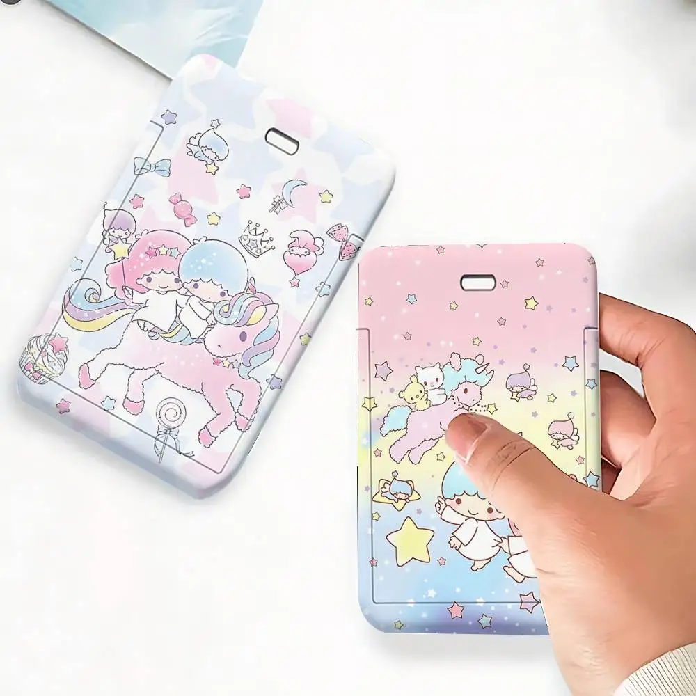 L-Little Twin Stars 1 Card Holder, Leather Card Storage Box, Key Chain, Access Tag Holder, ID Card Holder, Key Chain