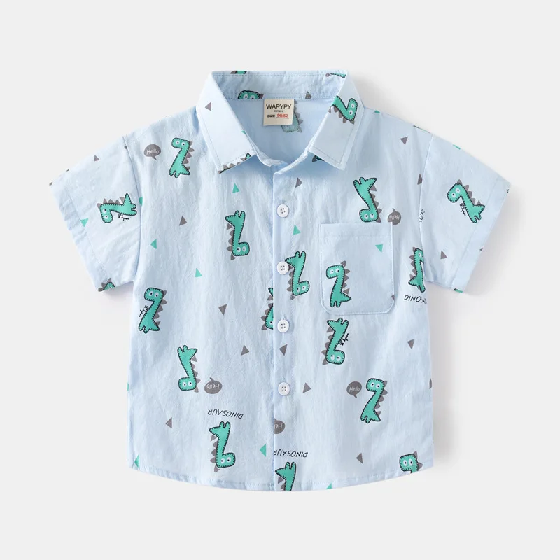 2024 Summer Kids Short Sleeve Shirts Boys' Dinosaur Cartoon Printed Shirt Fashionable Loose Cotton Top, Available for Ages 3-8