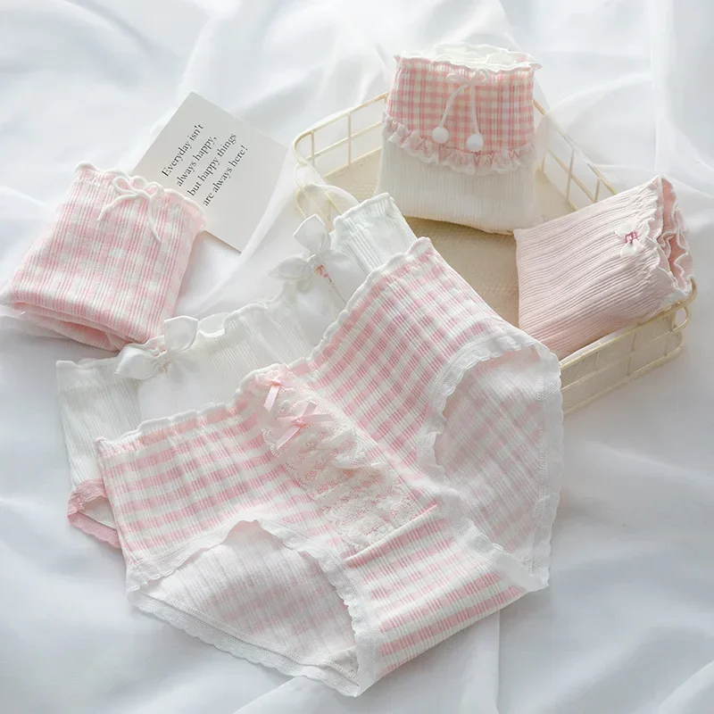 الحلو لطيف الوردي الدانتيل شريط سراويل النساء لوليتا مثير القطن السروال الفتيات منتصف الخصر موضة سلس ملخصات الملابس الداخلية