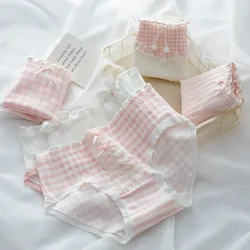 Sweet Cute Pink Lace Stripe Panties Women Lolita Sexy Cotton Underpants Girls Middle Waist Fashion Seamless Briefs Lingerie