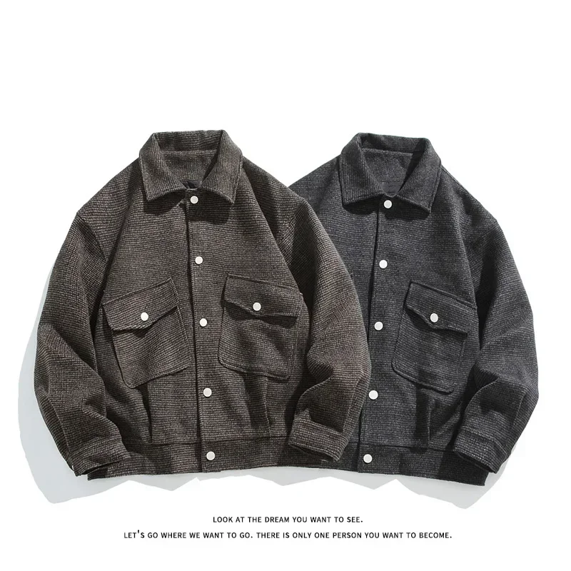 

Men's New Autumn and Winter Fashion Casual Tweed Lapel Coat, Solid Color Lapel Loose Single Breasted Jacket with Big Pockets